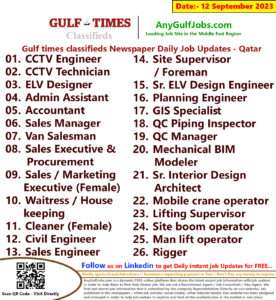 Gulf times classifieds Job Vacancies Qatar - 12 September 2023
