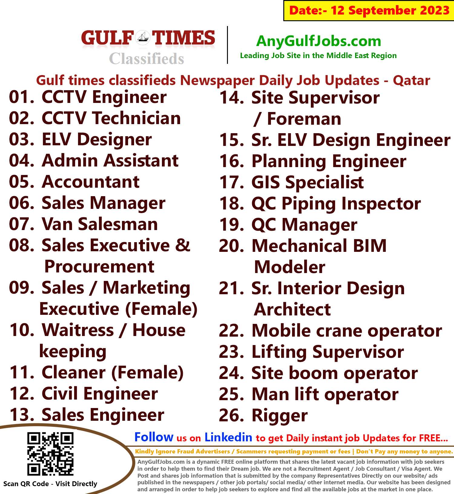 Gulf times classifieds Job Vacancies Qatar - 12 September 2023