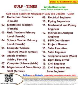 Gulf times classifieds Job Vacancies Qatar - 13 September 2023