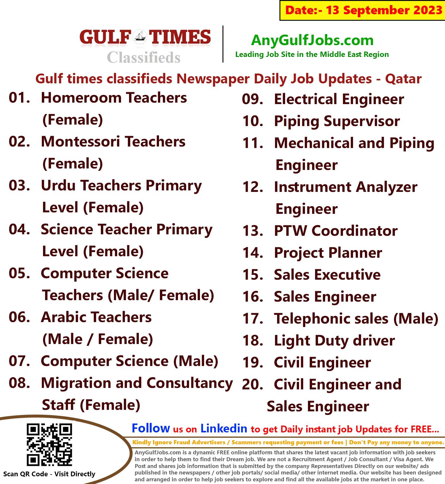 Gulf times classifieds Job Vacancies Qatar - 13 September 2023