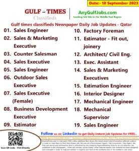 Gulf times classifieds Job Vacancies Qatar - 18 September 2023