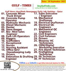 Gulf times classifieds Job Vacancies Qatar - 20 September 2023