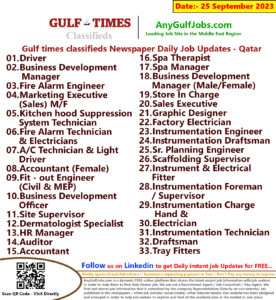 Gulf times classifieds Job Vacancies Qatar - 25 September 2023