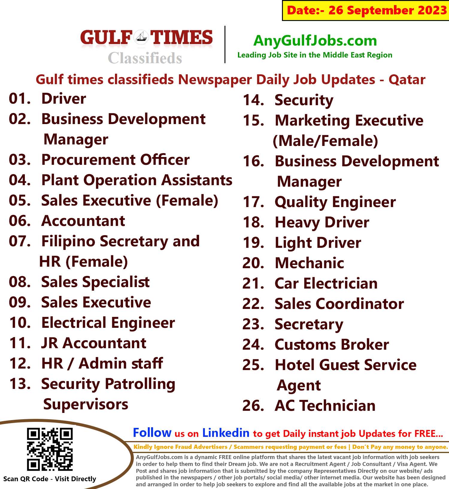Gulf times classifieds Job Vacancies Qatar - 26 September 2023