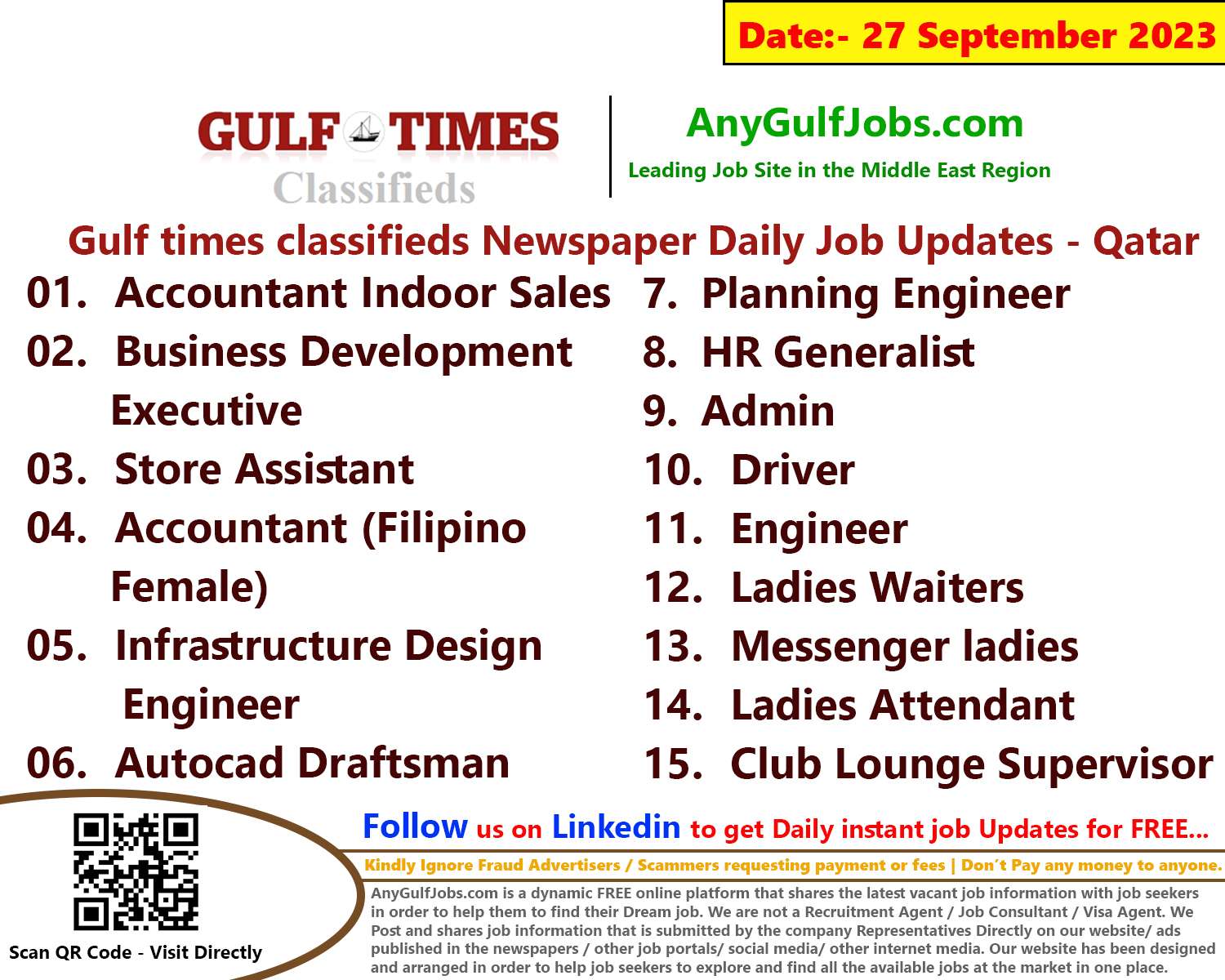 Gulf times classifieds Job Vacancies Qatar - 27 September 2023