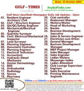 Gulf times classifieds Job Vacancies Qatar - 01 October 2023