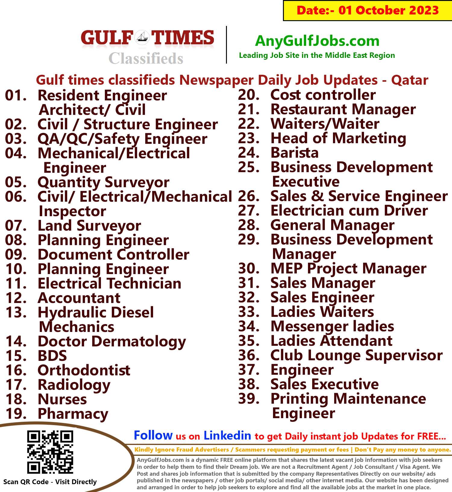Gulf times classifieds Job Vacancies Qatar - 01 October 2023