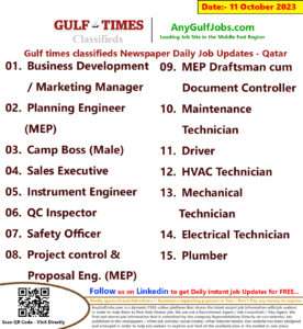 Gulf times classifieds Job Vacancies Qatar - 11 October 2023
