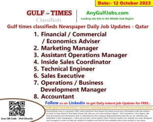 Gulf times classifieds Job Vacancies Qatar - 12 October 2023