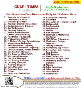 Gulf times classifieds Job Vacancies Qatar - 15 October 2023