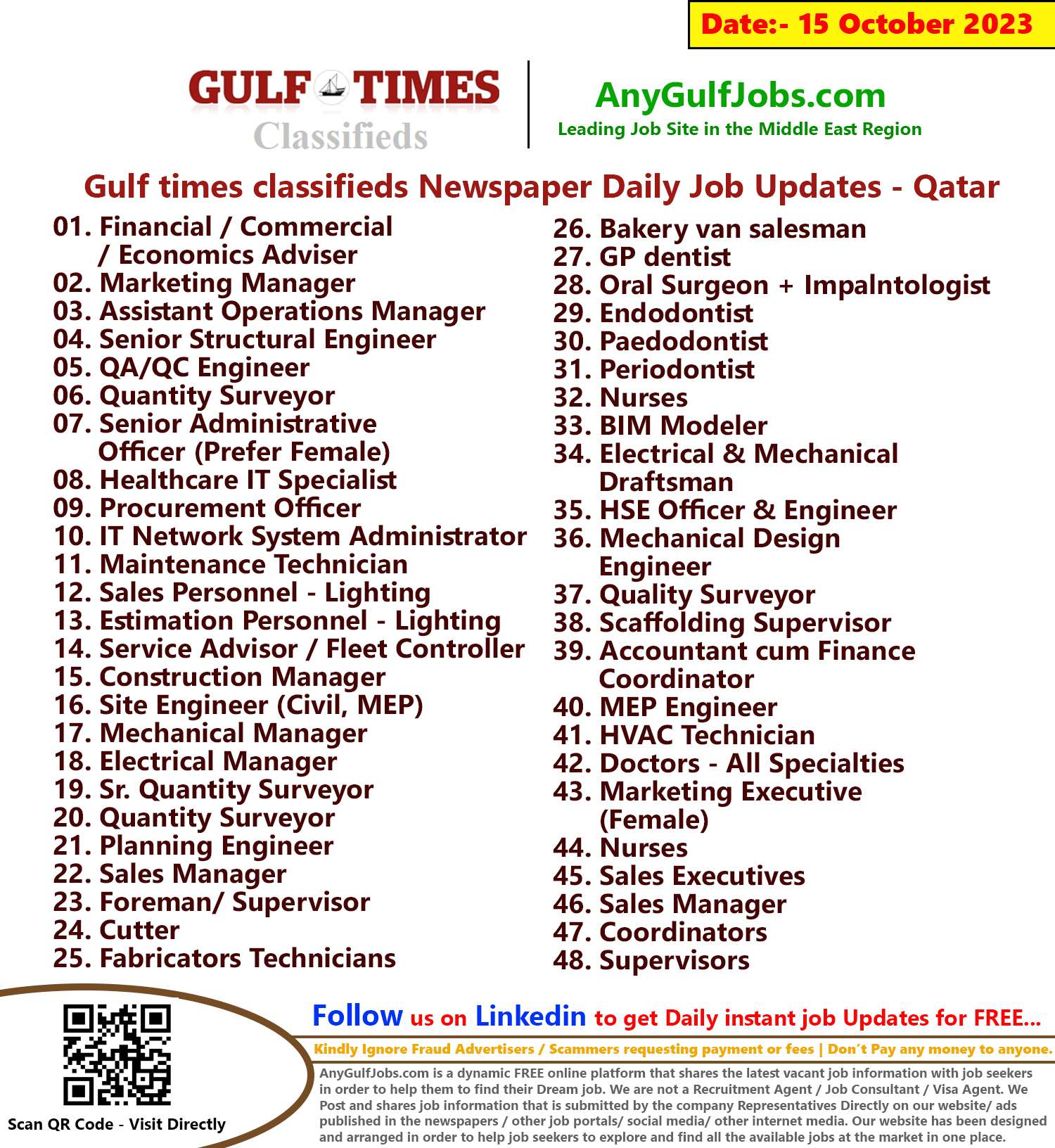 Gulf times classifieds Job Vacancies Qatar - 15 October 2023