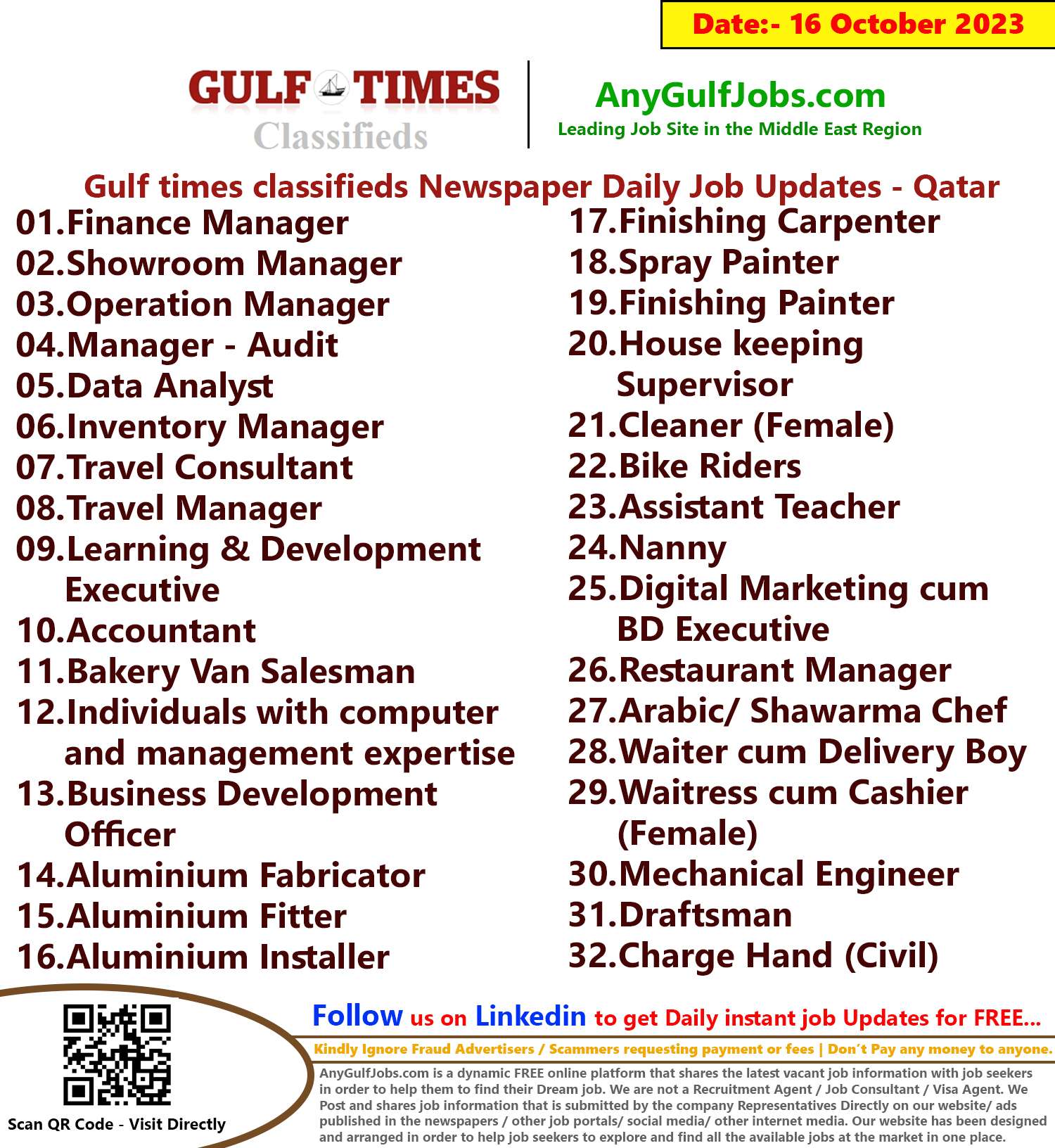 Gulf times classifieds Job Vacancies Qatar - 16 October 2023