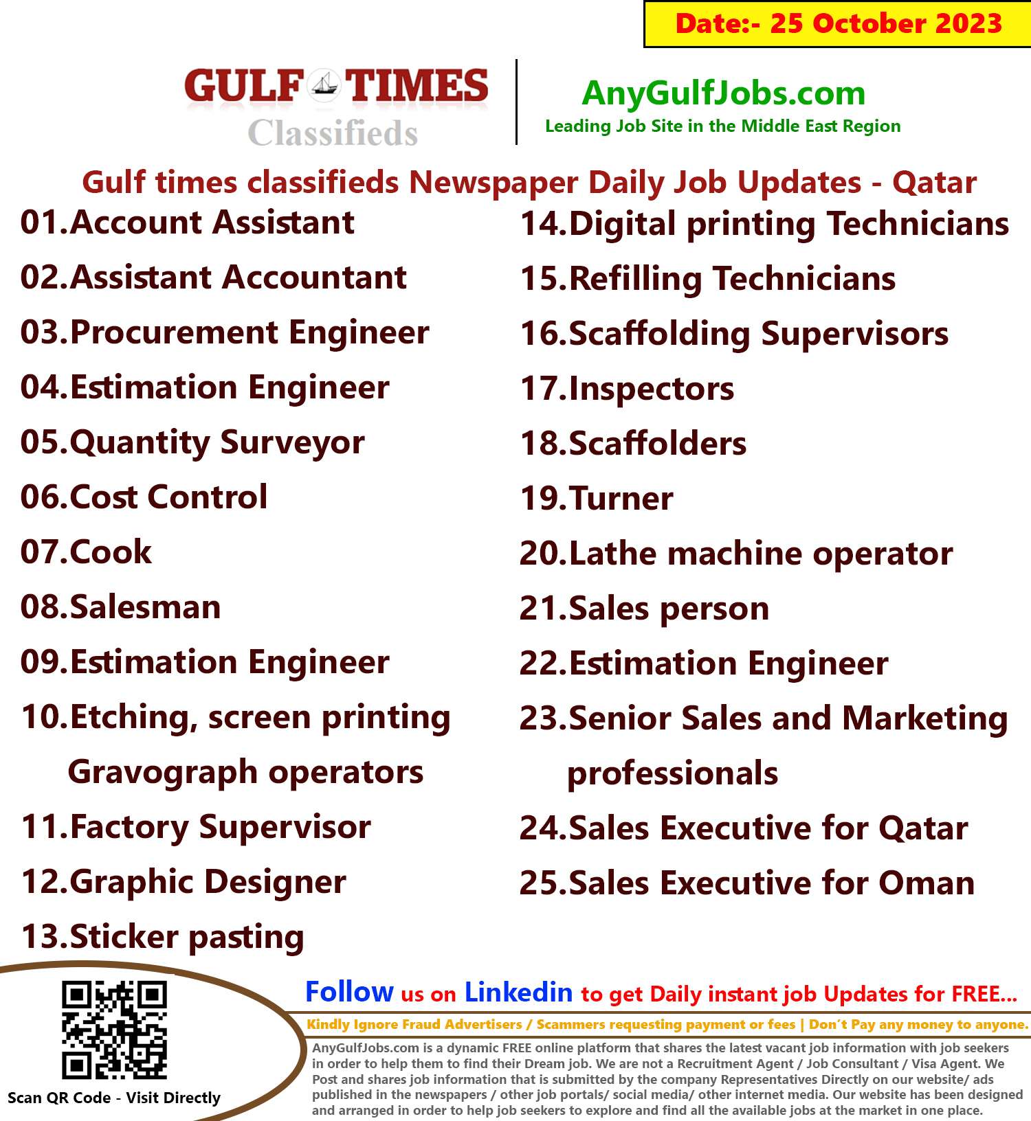 Gulf times classifieds Job Vacancies Qatar - 25 October 2023
