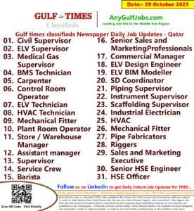 Gulf times classifieds Job Vacancies Qatar - 29 October 2023