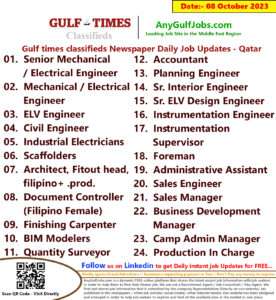 Gulf times classifieds Job Vacancies Qatar - 08 October 2023