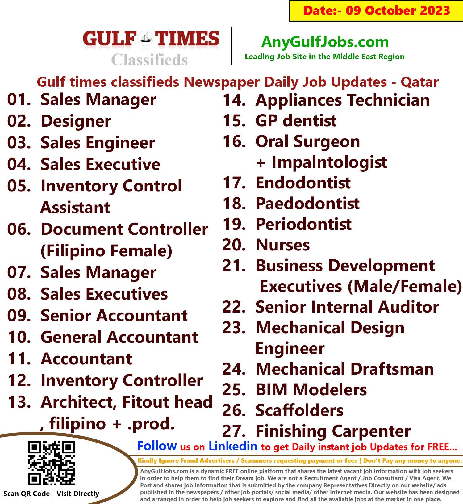 Gulf times classifieds Job Vacancies Qatar - 09 October 2023