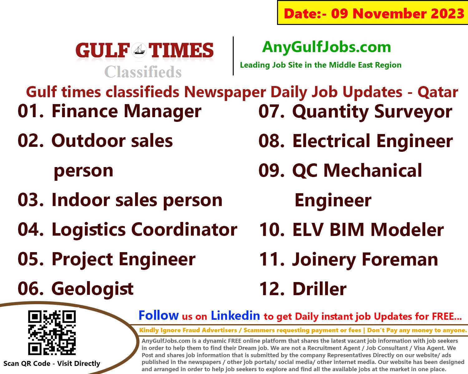 Gulf times classifieds Job Vacancies Qatar - 09 November 2023