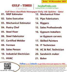 Gulf times classifieds Job Vacancies Qatar - 01 November 2023