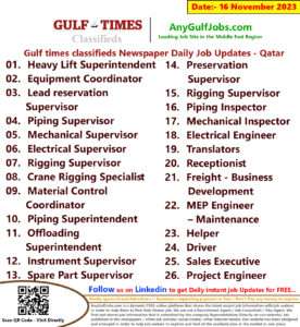 Gulf times classifieds Job Vacancies Qatar - 16 November 2023