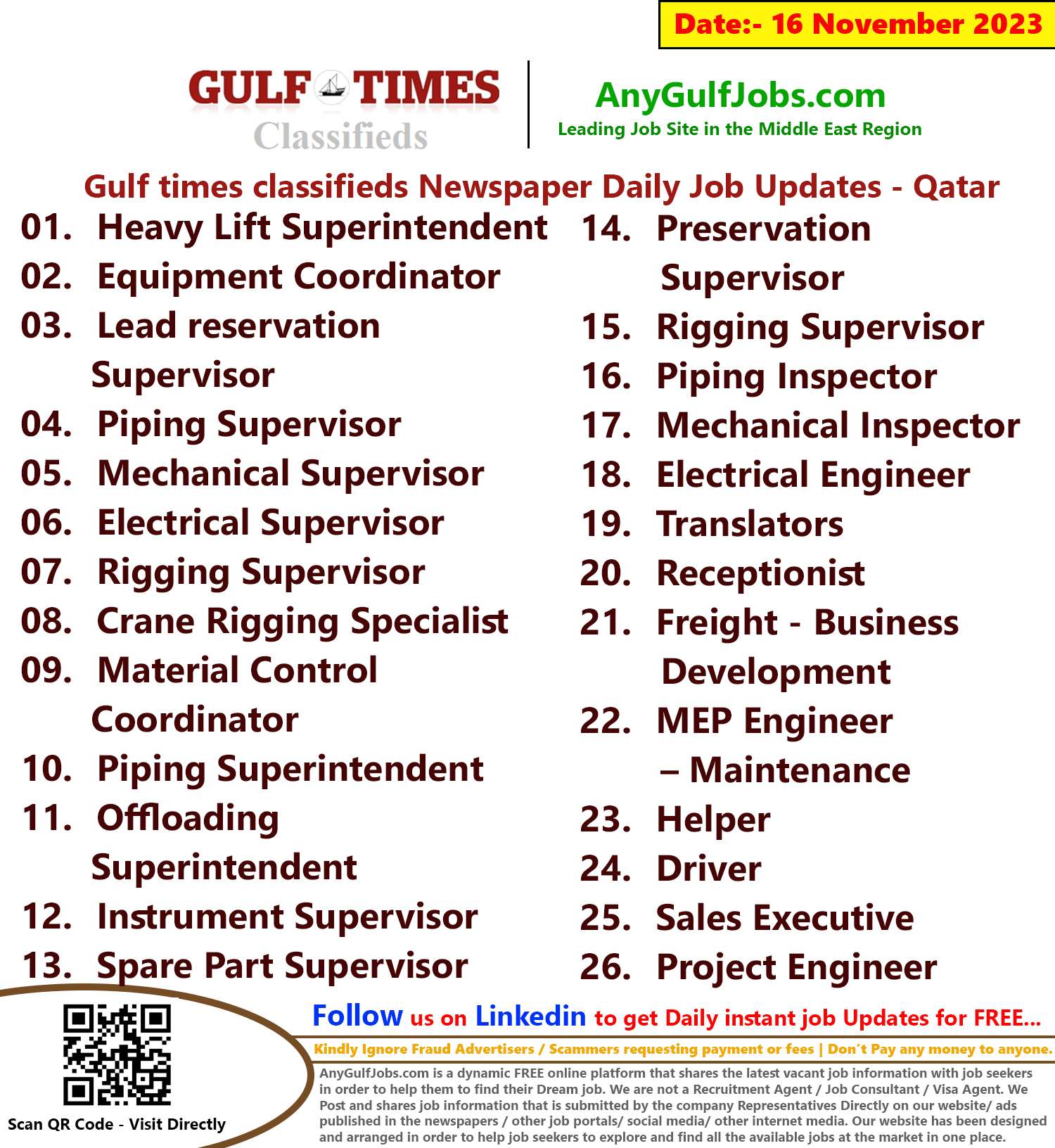 Gulf times classifieds Job Vacancies Qatar - 16 November 2023