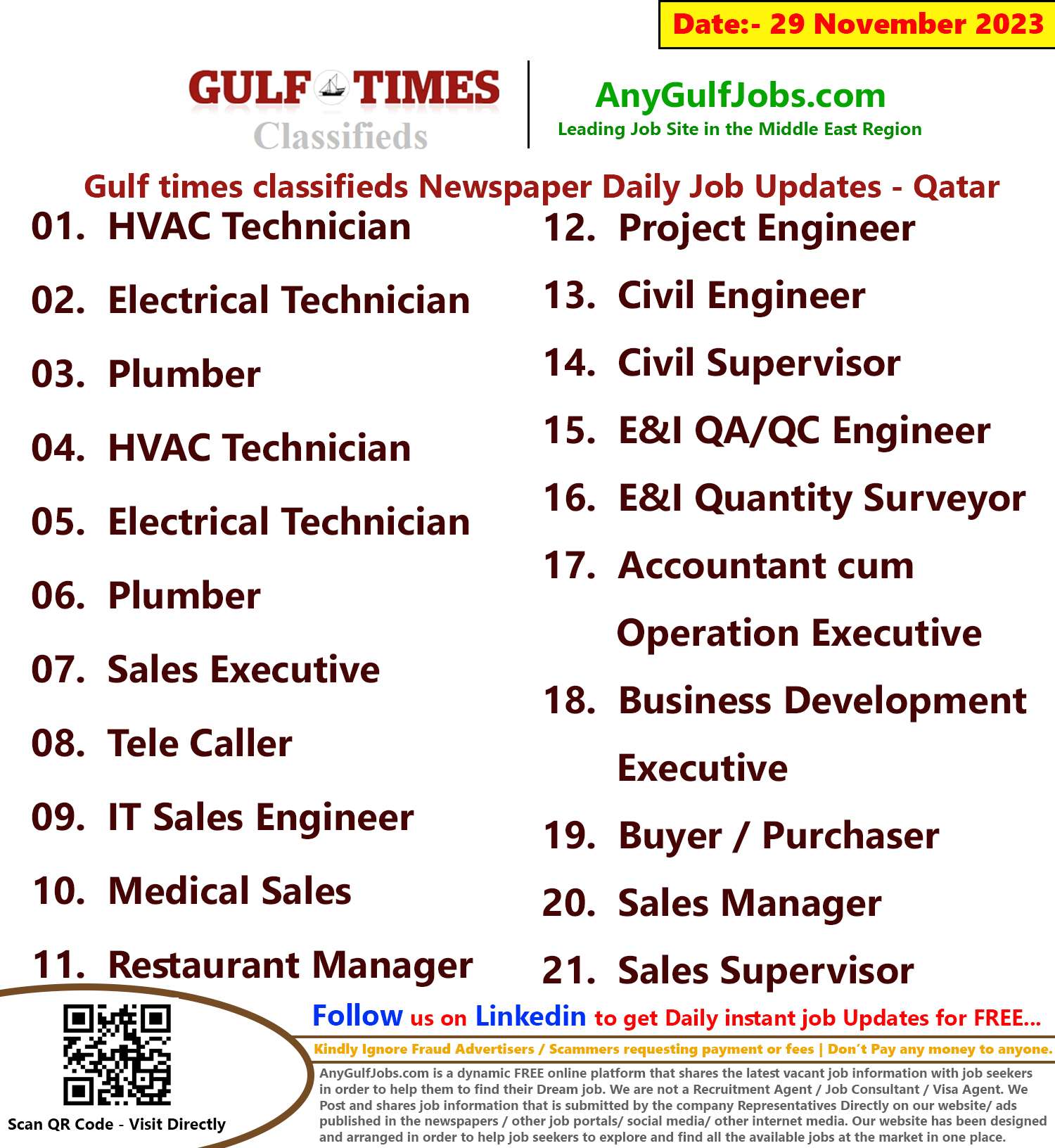 Gulf Times Classifieds Job Vacancies Qatar - 29 November 2023