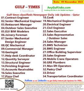 Gulf times classifieds Job Vacancies Qatar - 05 November 2023