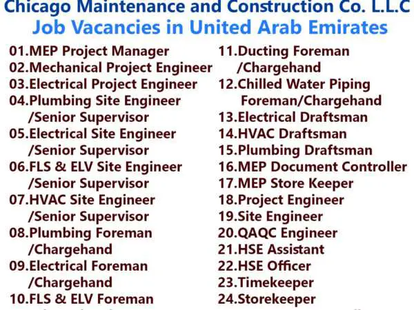 List of Chicago Maintenance and Construction Co. L.L.C Jobs - United Arab Emirates