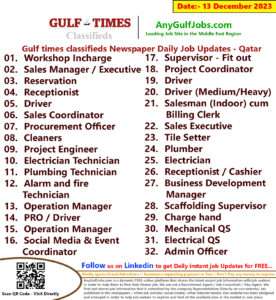 Gulf Times Classifieds Job Vacancies Qatar - 13 December 2023