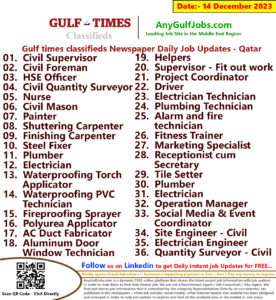 Gulf Times Classifieds Job Vacancies Qatar - 14 December 2023
