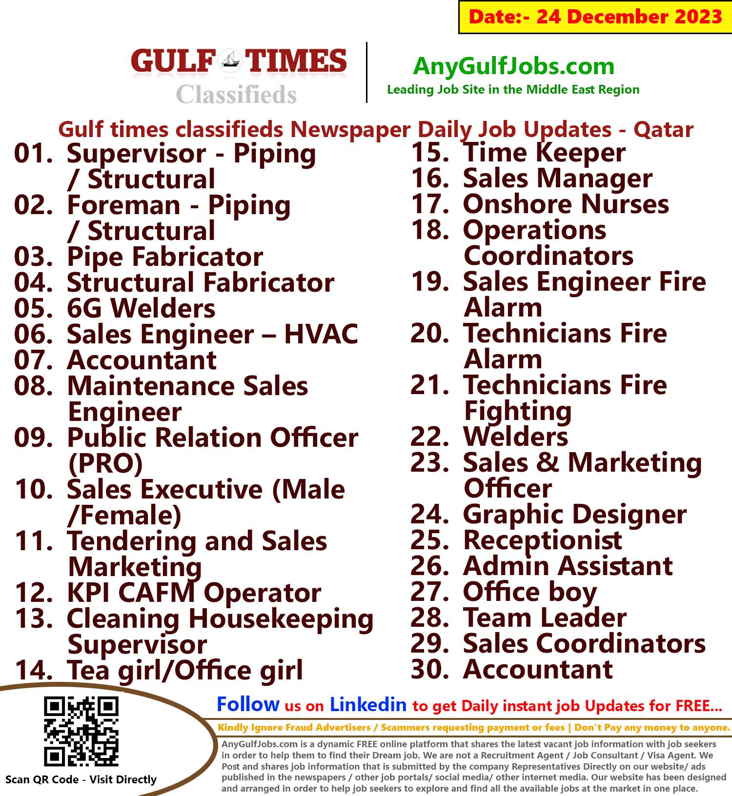Gulf Times Classifieds Job Vacancies Qatar - 24 December 2023