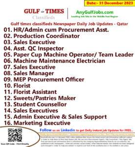 Gulf Times Classifieds Job Vacancies Qatar - 31 December 2023