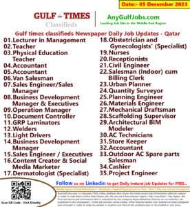 Gulf Times Classifieds Job Vacancies Qatar - 05 December 2023