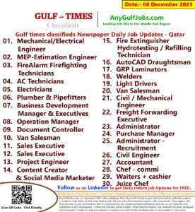 Gulf Times Classifieds Job Vacancies Qatar - 06 December 2023