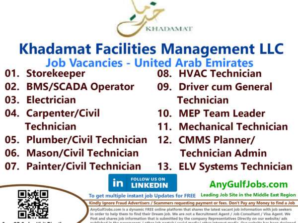 List of Khadamat Facilities Management LLC Jobs - United Arab Emirates