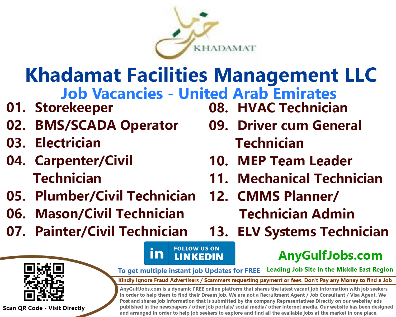 List of Khadamat Facilities Management LLC Jobs - United Arab Emirates