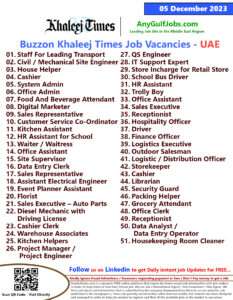 Buzzon Khaleej Times Classifieds News Paper Jobs | 05 December 2023