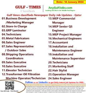 Gulf Times Classifieds Job Vacancies Qatar - 14 January 2024