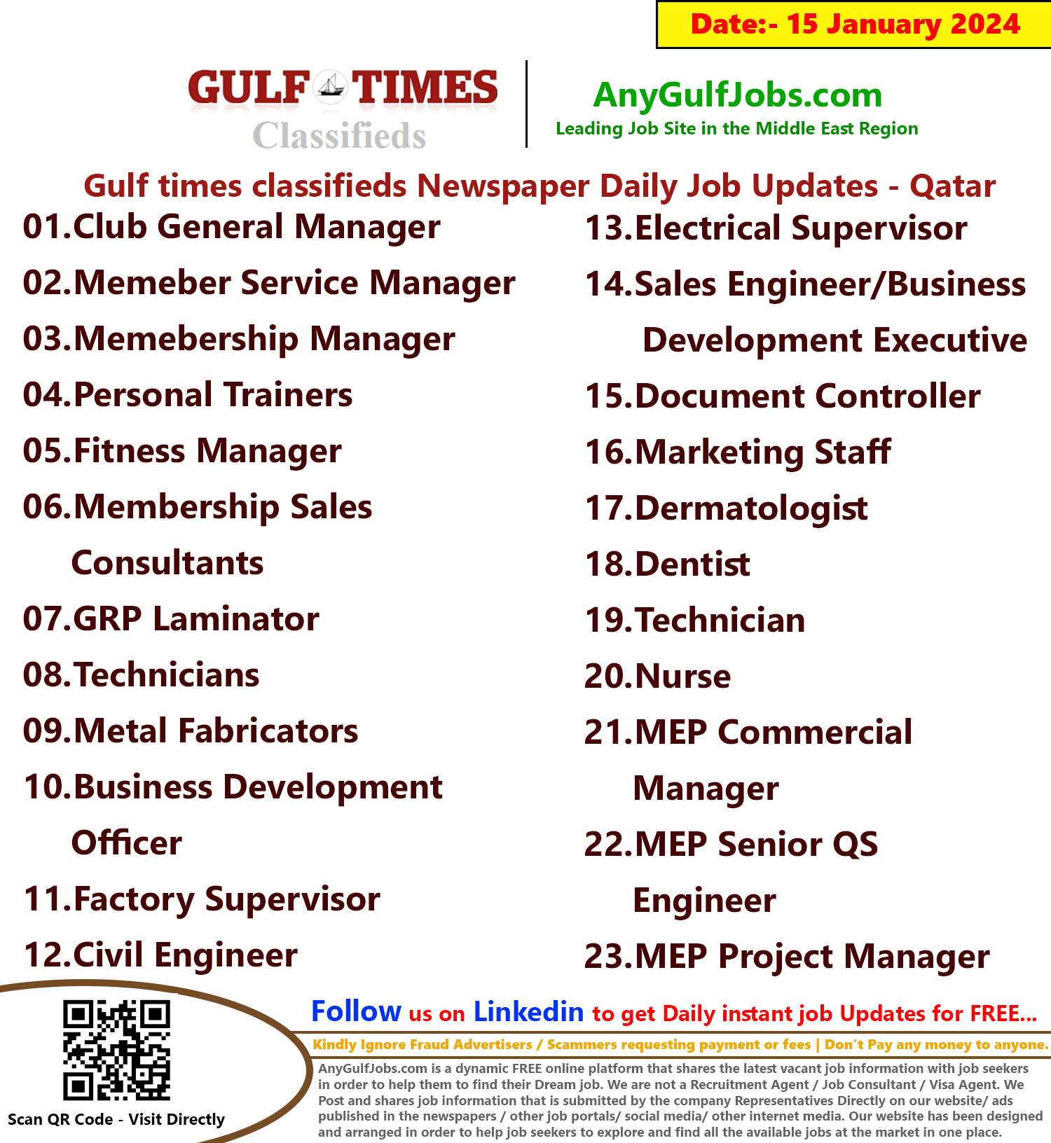 Gulf Times Classifieds Job Vacancies Qatar - 15 January 2024