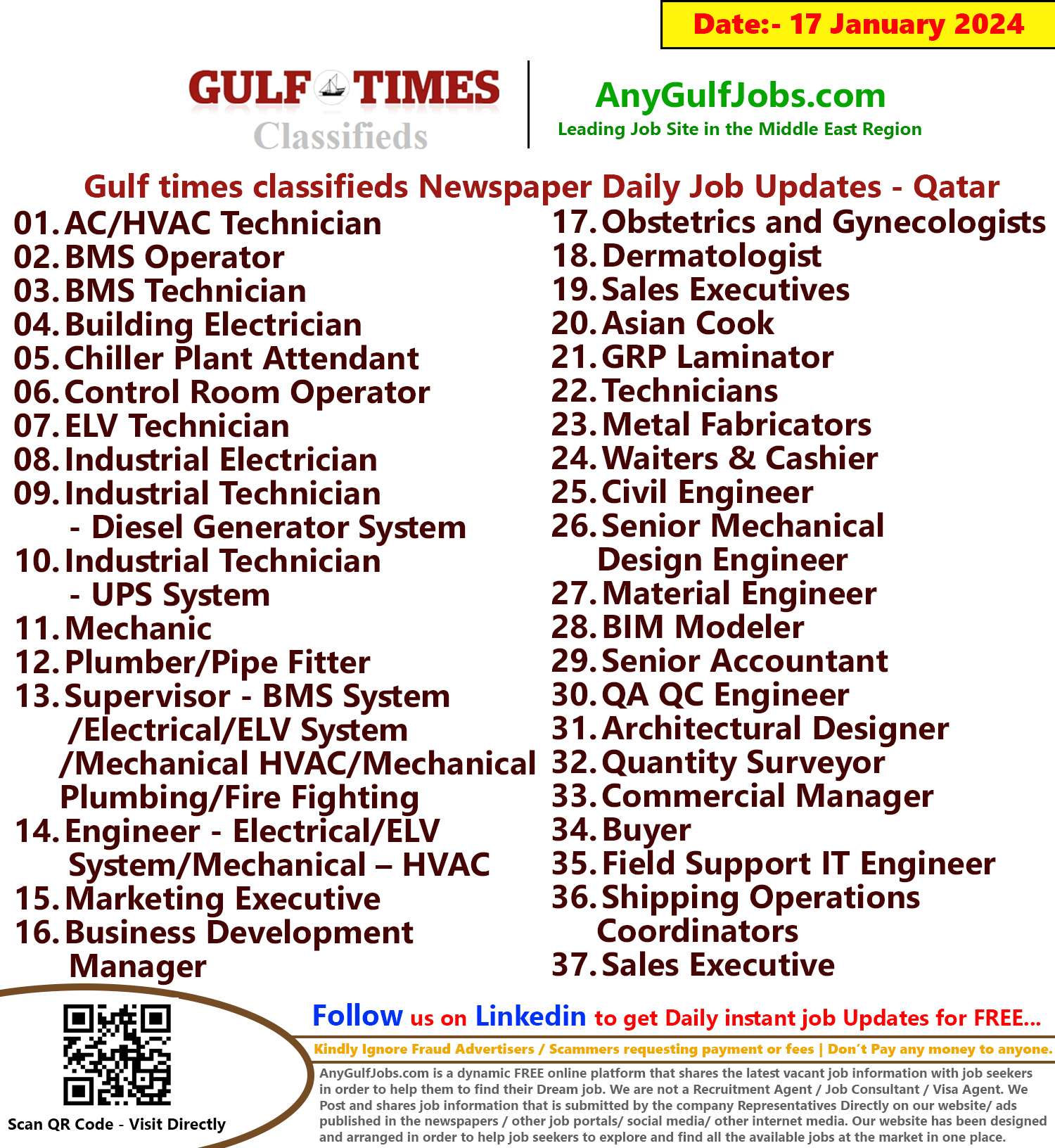 Gulf Times Classifieds Job Vacancies Qatar - 17 January 2024