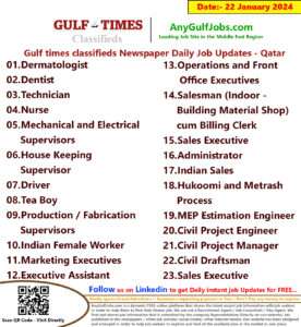 Gulf Times Classifieds Job Vacancies Qatar - 22 January 2024
