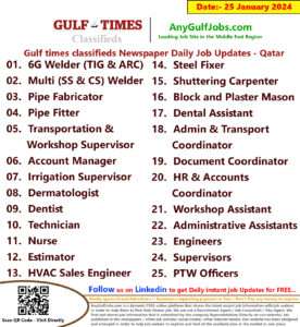 Gulf Times Classifieds Job Vacancies Qatar - 25 January 2024
