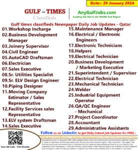 Gulf Times Classifieds Job Vacancies Qatar - 29 January 2024