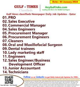 Gulf Times Classifieds Job Vacancies Qatar - 03 January 2024