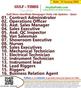 Gulf Times Classifieds Job Vacancies Qatar - 31 January 2024