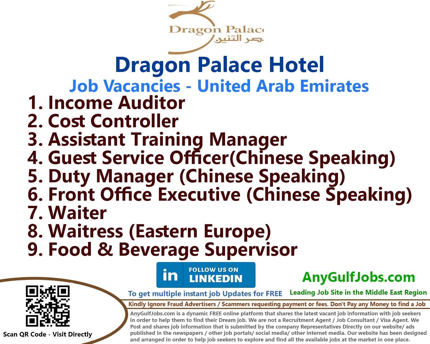 List of Dragon Palace Hotel Jobs - United Arab Emirates