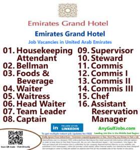 List of Emirates Grand Hotel Jobs - United Arab Emirates