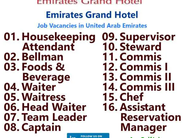 List of Emirates Grand Hotel Jobs - United Arab Emirates