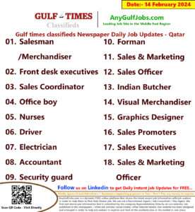 Gulf Times Classifieds Job Vacancies Qatar - 14 February 2024