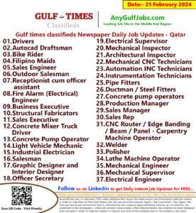 Gulf Times Classifieds Job Vacancies Qatar - 21 February 2024