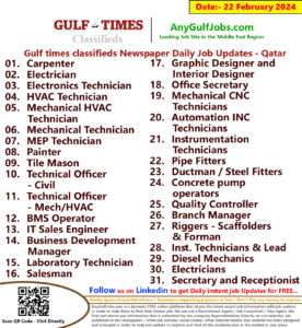 Gulf Times Classifieds Job Vacancies Qatar - 22 February 2024
